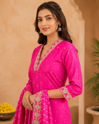 Pink Embroidered Chinon Suit Set with Lehariya Dupatta