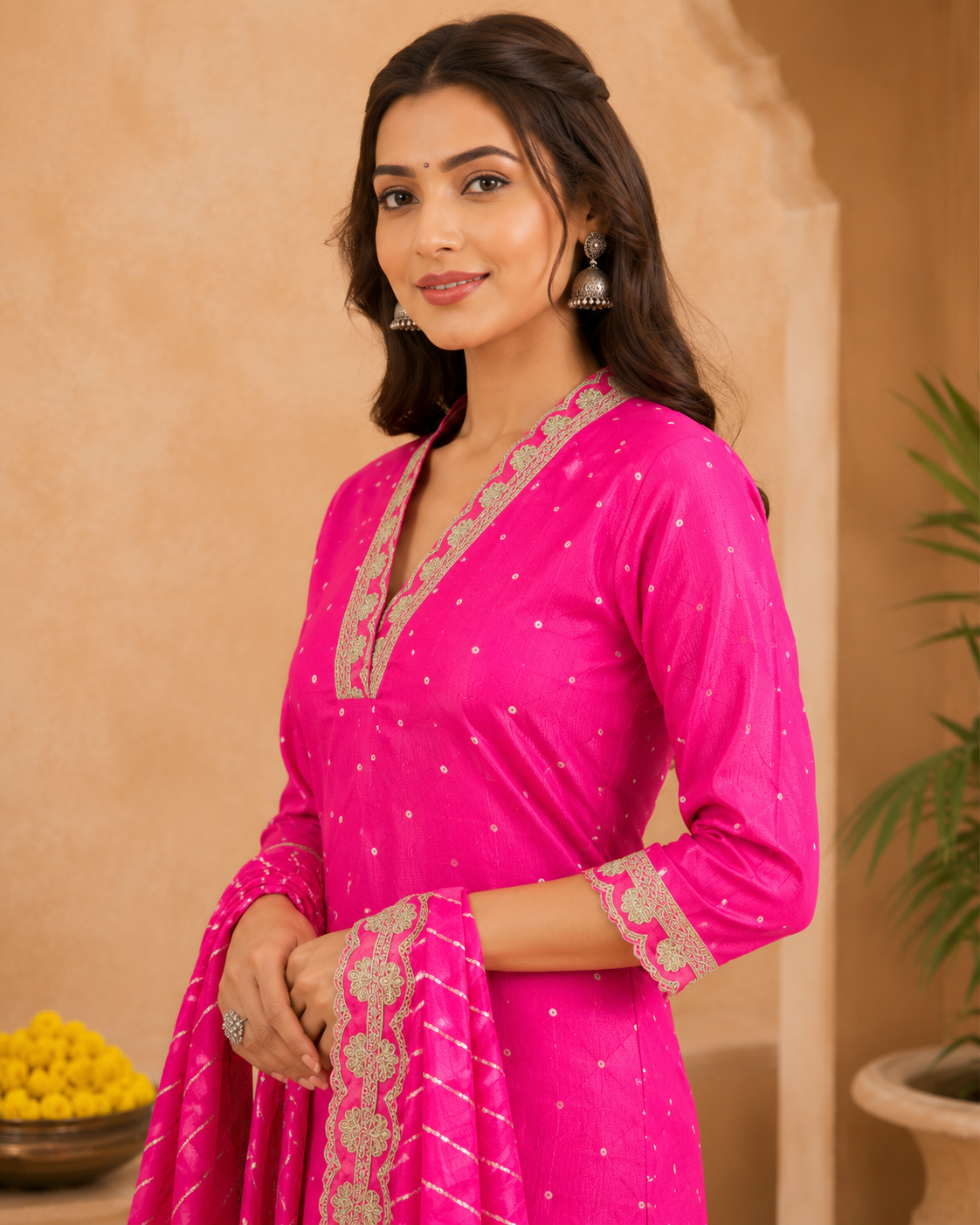 Pink Embroidered Chinon Suit Set with Lehariya Dupatta