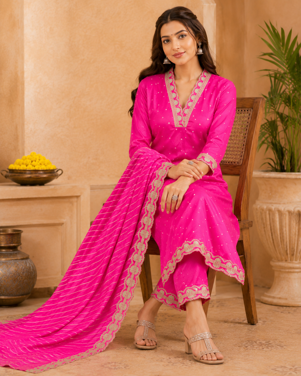Pink Embroidered Chinon Suit Set with Lehariya Dupatta