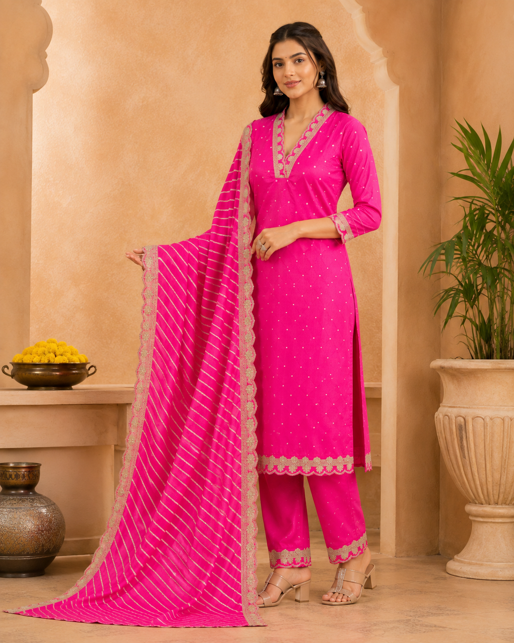 Pink Embroidered Chinon Suit Set with Lehariya Dupatta