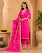 Pink Embroidered Chinon Suit Set with Lehariya Dupatta
