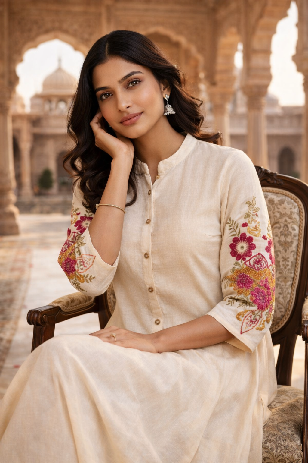 Off White Embroidered Cotton Flex Kurta and Pant Set