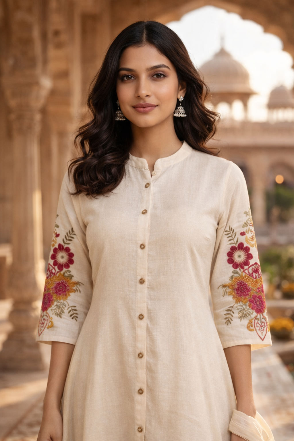 Off White Embroidered Cotton Flex Kurta and Pant Set