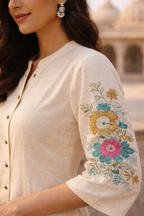 Off White Embroidered Cotton Flex Kurta and Pant Set