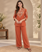 Rust Brown Embroidered Cotton Slub Co-Ord Set