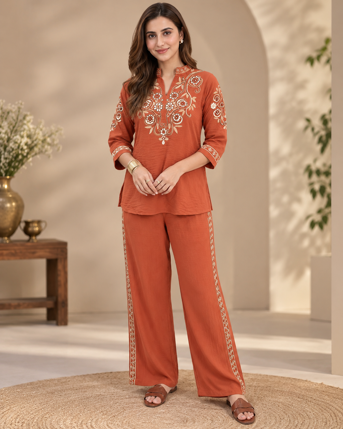 Rust Brown Embroidered Cotton Slub Co-Ord Set