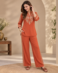 Rust Brown Embroidered Cotton Slub Co-Ord Set
