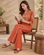 Rust Brown Embroidered Cotton Slub Co-Ord Set