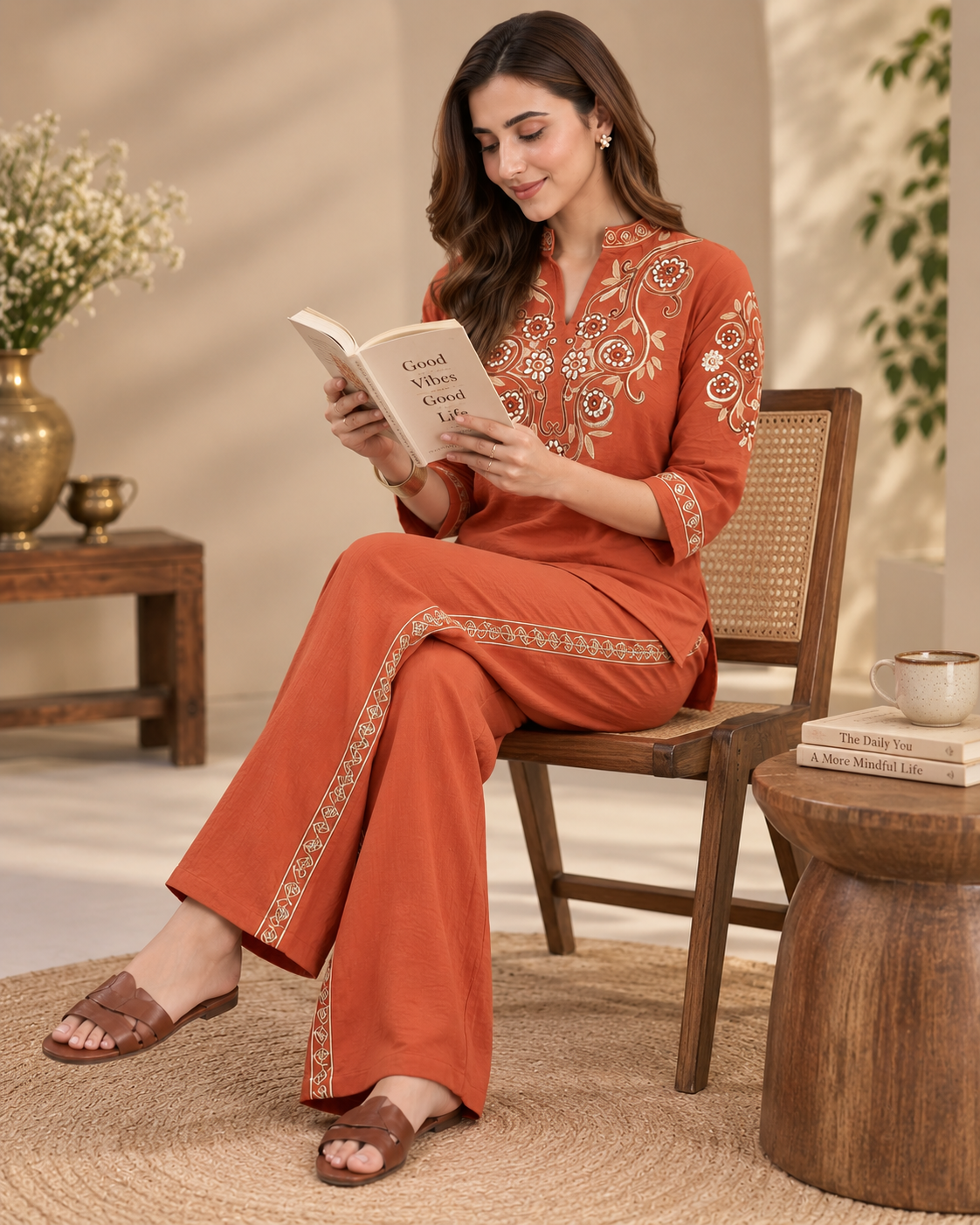 Rust Brown Embroidered Cotton Slub Co-Ord Set