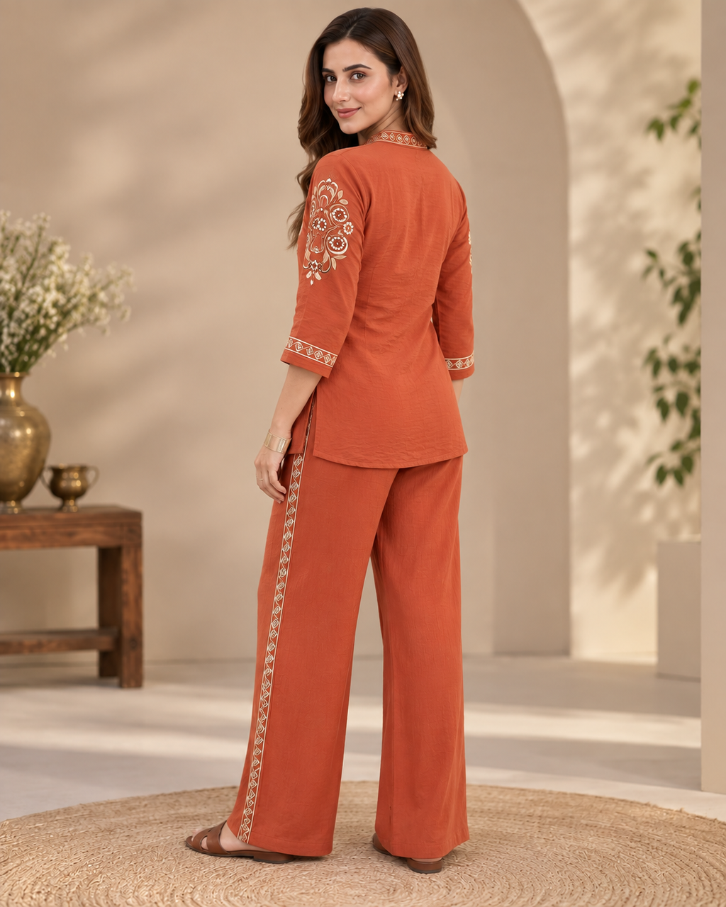 Rust Brown Embroidered Cotton Slub Co-Ord Set