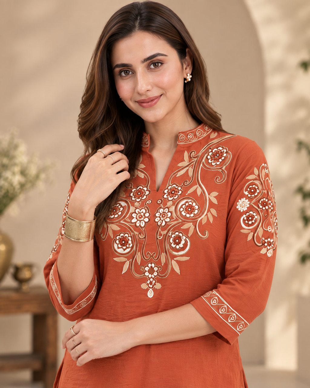 Rust Brown Embroidered Cotton Slub Co-Ord Set