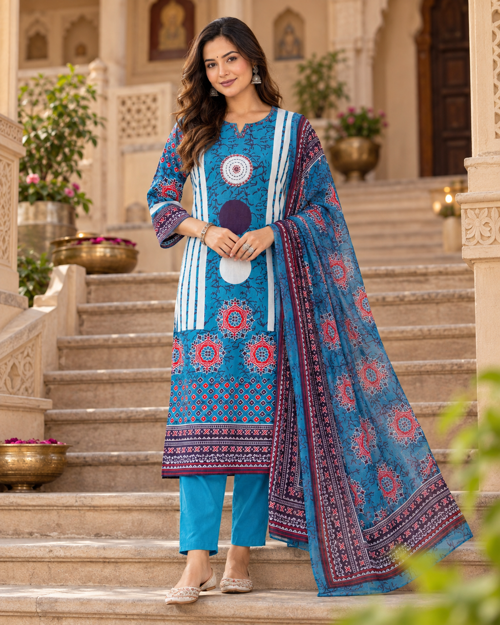 Blue Printed Handwork Cotton Suit Set with Dupatta