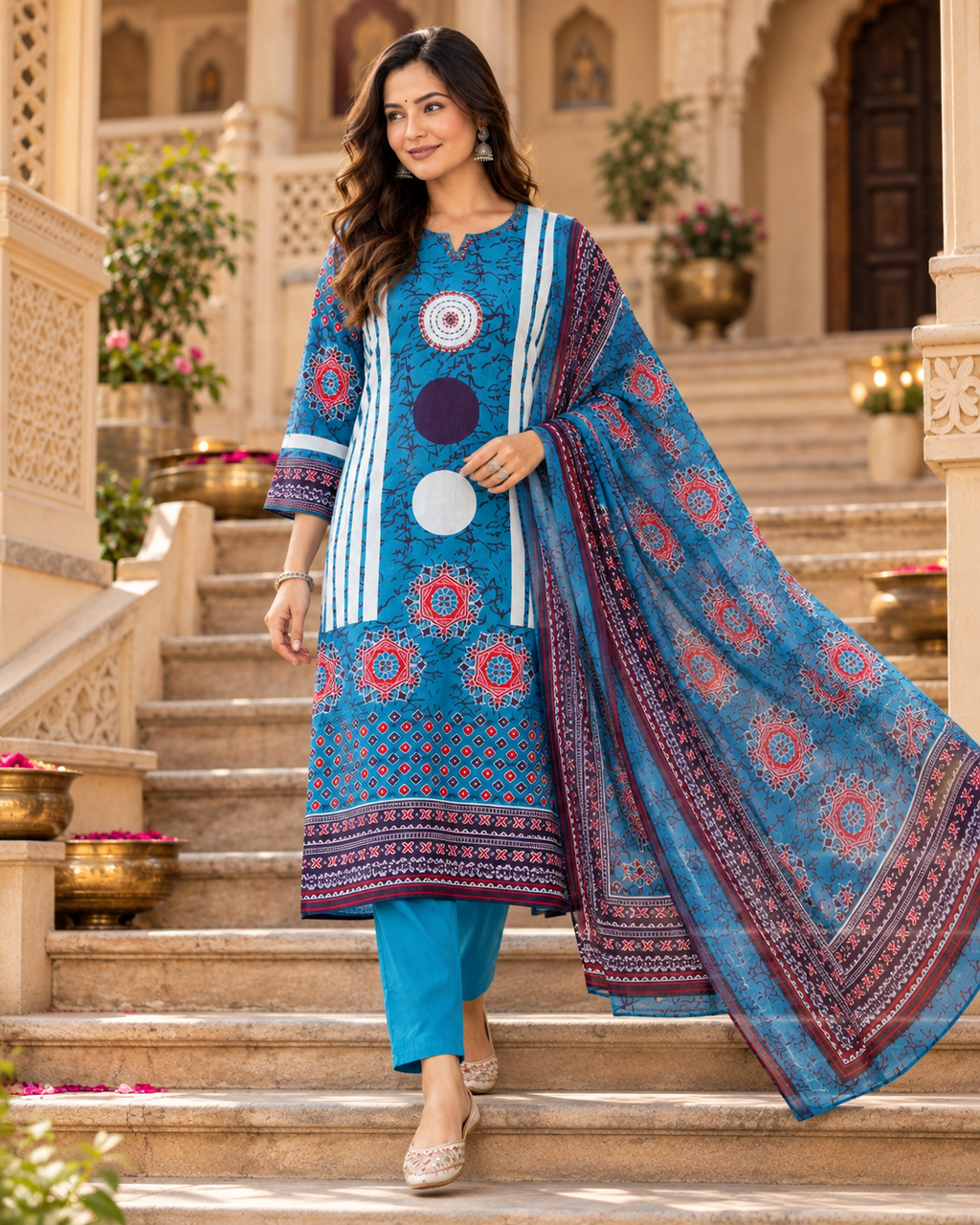 Blue Printed Handwork Cotton Suit Set with Dupatta