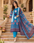 Blue Printed Handwork Cotton Suit Set with Dupatta