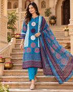 Blue Printed Handwork Cotton Suit Set with Dupatta
