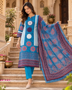 Blue Printed Handwork Cotton Suit Set with Dupatta