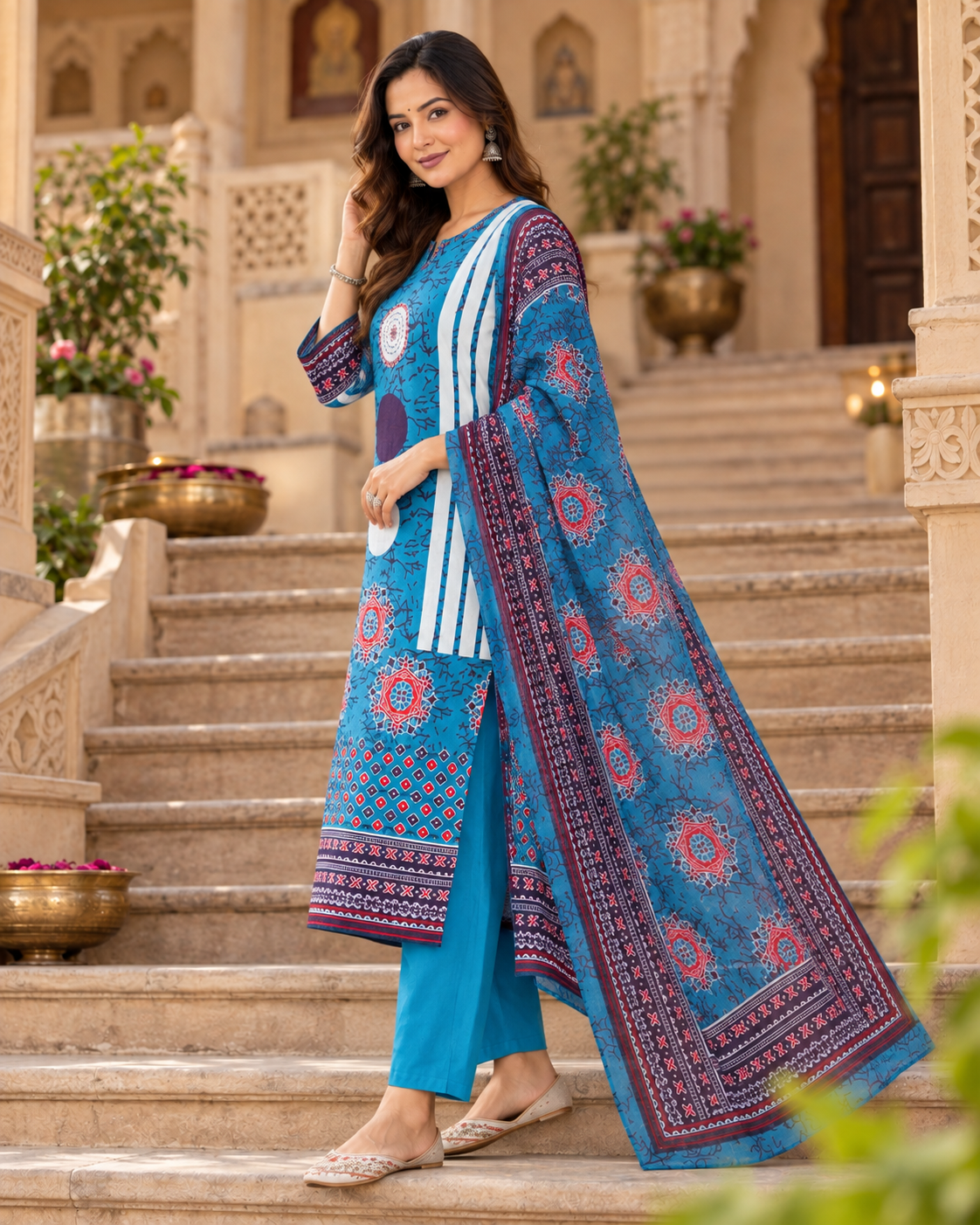 Blue Printed Handwork Cotton Suit Set with Dupatta