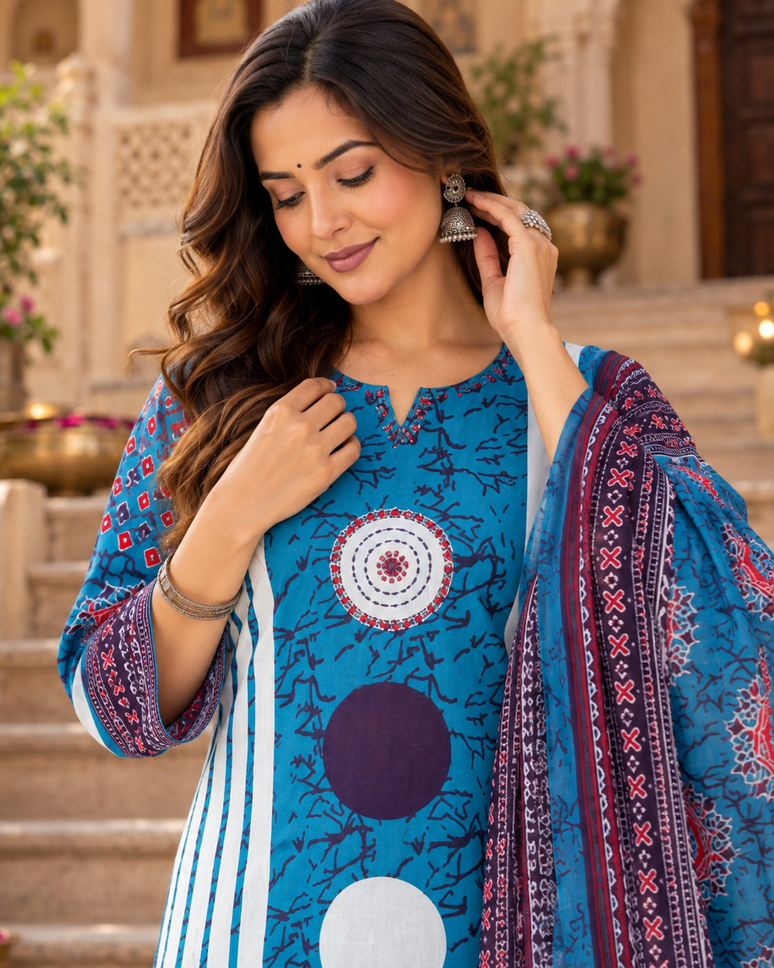 Blue Printed Handwork Cotton Suit Set with Dupatta