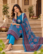 Blue Printed Handwork Cotton Suit Set with Dupatta