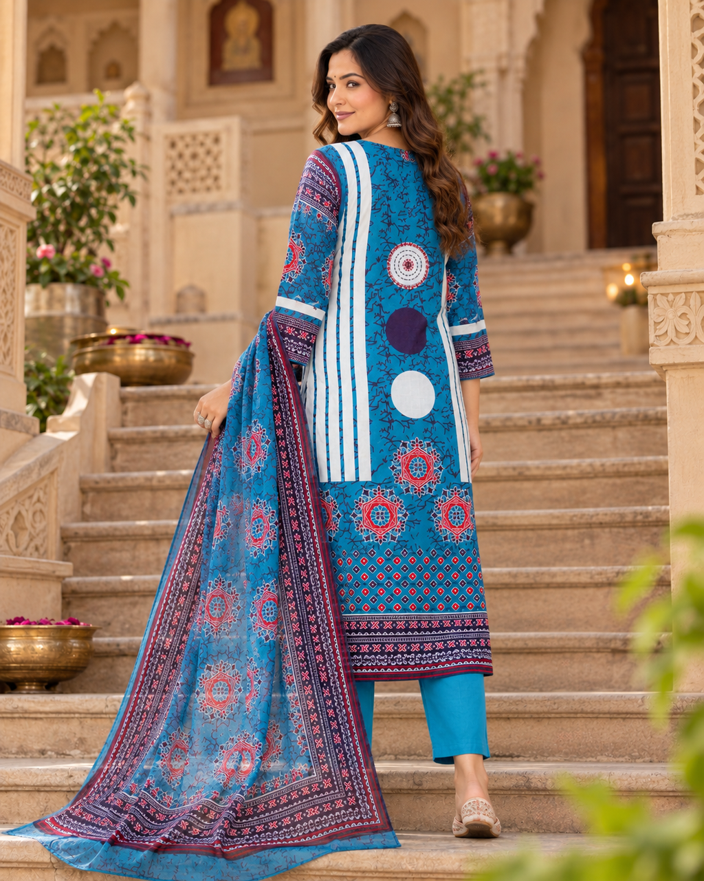 Blue Printed Handwork Cotton Suit Set with Dupatta