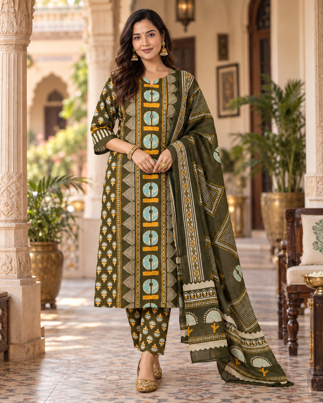 Dark Green Printed Handwork Cotton Suit Set with Dupatta