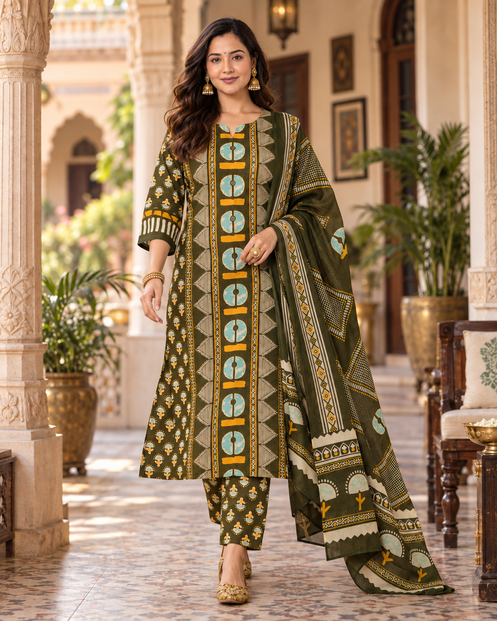 Dark Green Printed Handwork Cotton Suit Set with Dupatta