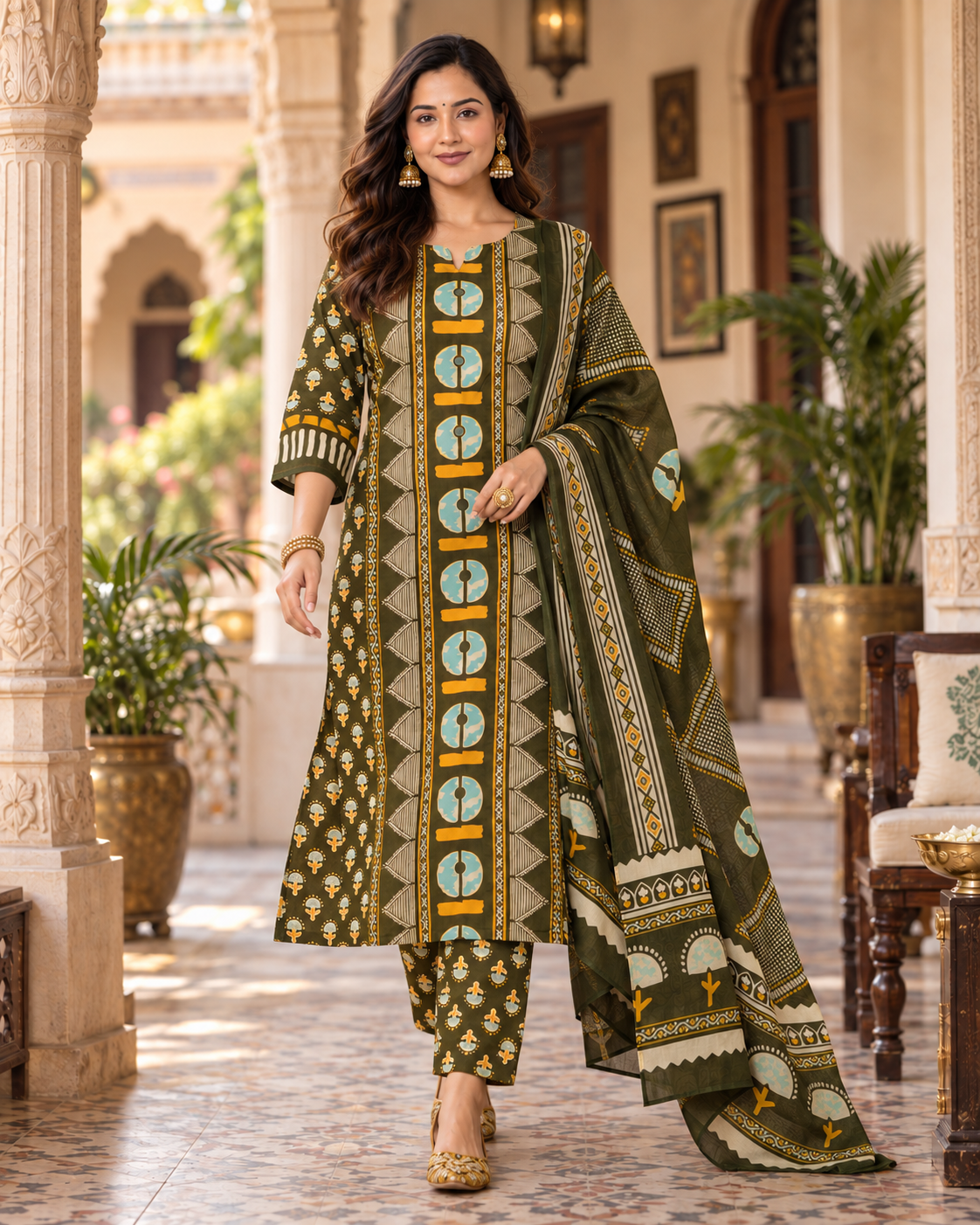 Dark Green Printed Handwork Cotton Suit Set with Dupatta