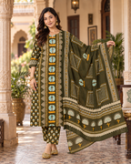 Dark Green Printed Handwork Cotton Suit Set with Dupatta