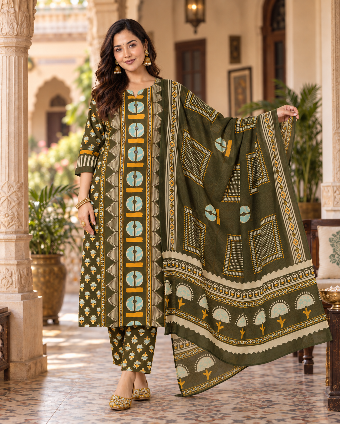 Dark Green Printed Handwork Cotton Suit Set with Dupatta