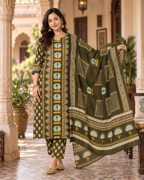 Dark Green Printed Handwork Cotton Suit Set with Dupatta