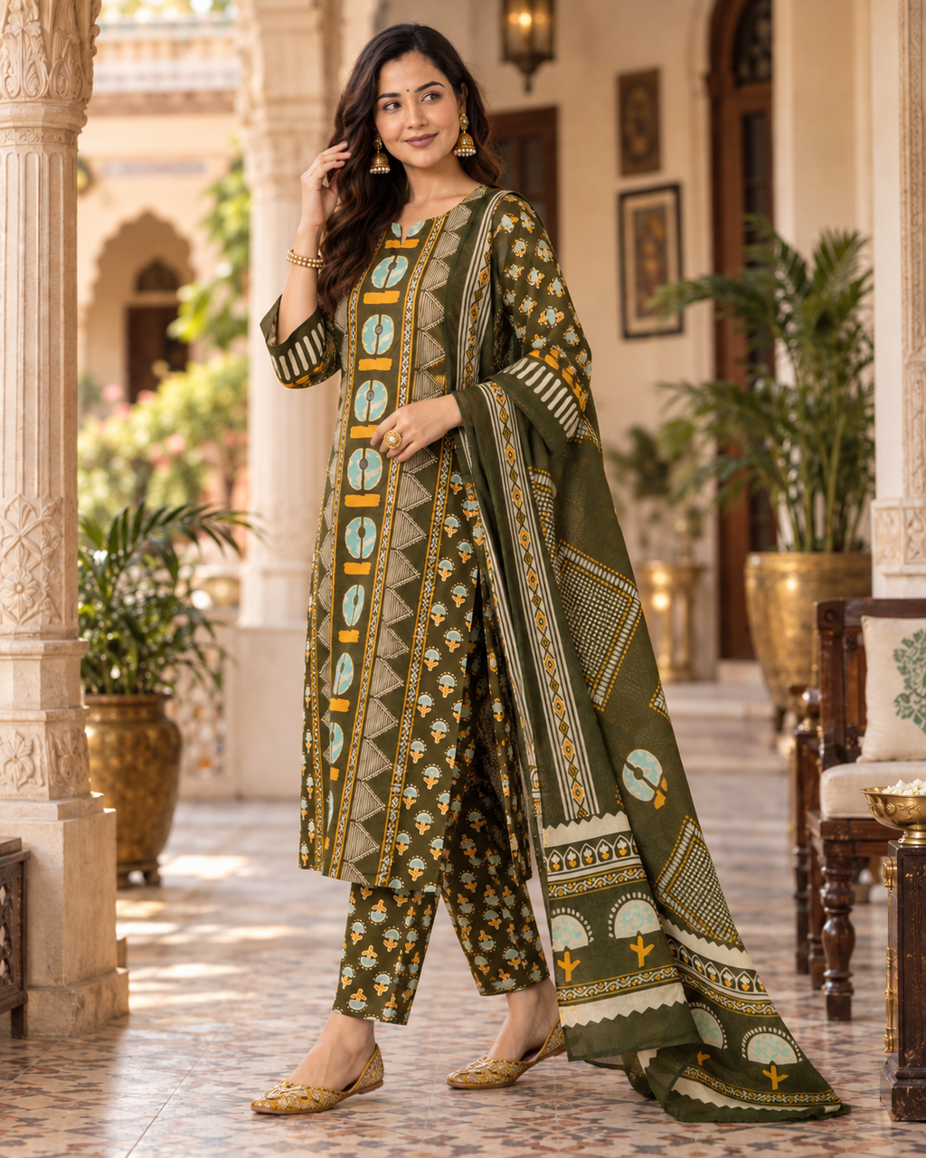 Dark Green Printed Handwork Cotton Suit Set with Dupatta