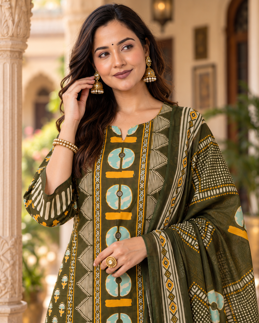 Dark Green Printed Handwork Cotton Suit Set with Dupatta