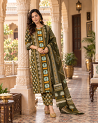 Dark Green Printed Handwork Cotton Suit Set with Dupatta