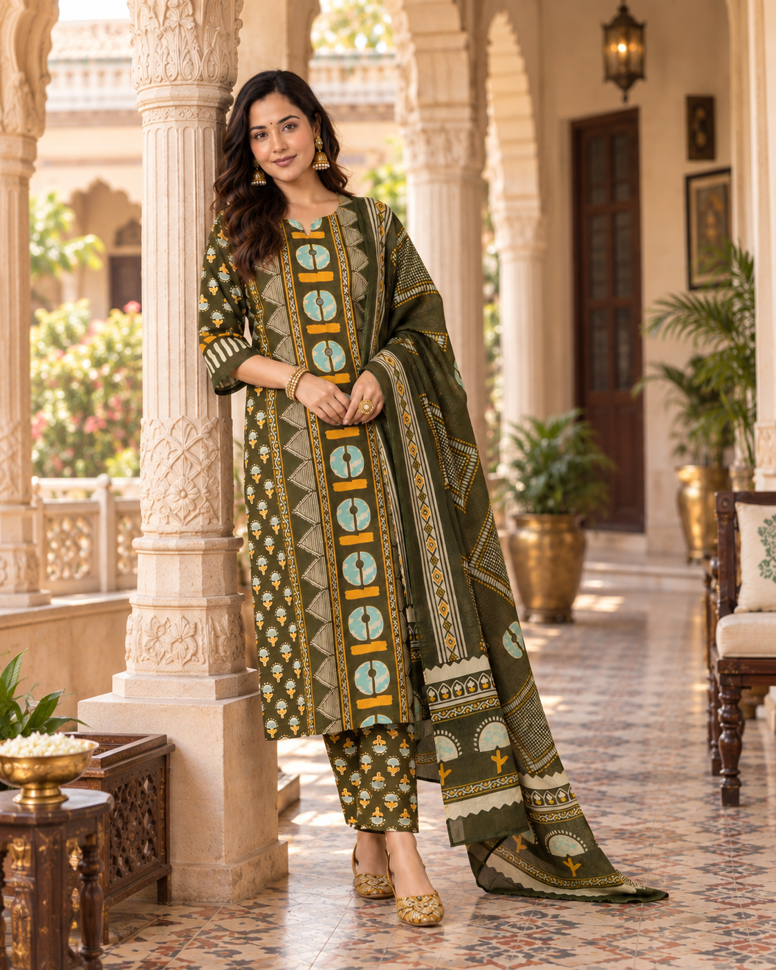 Dark Green Printed Handwork Cotton Suit Set with Dupatta