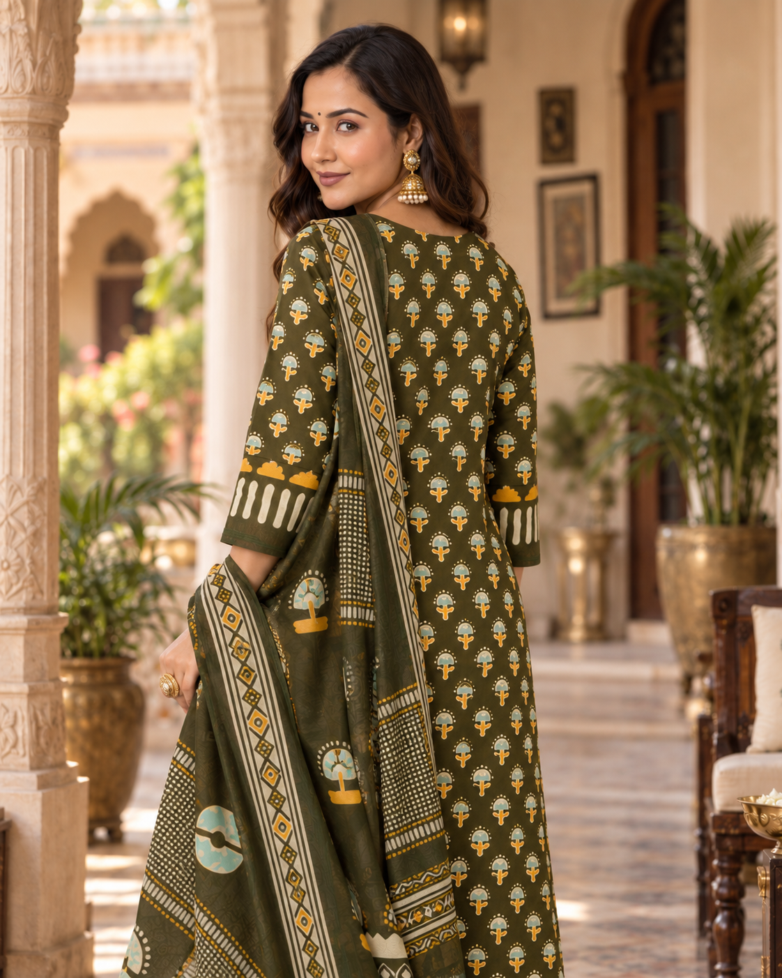 Dark Green Printed Handwork Cotton Suit Set with Dupatta