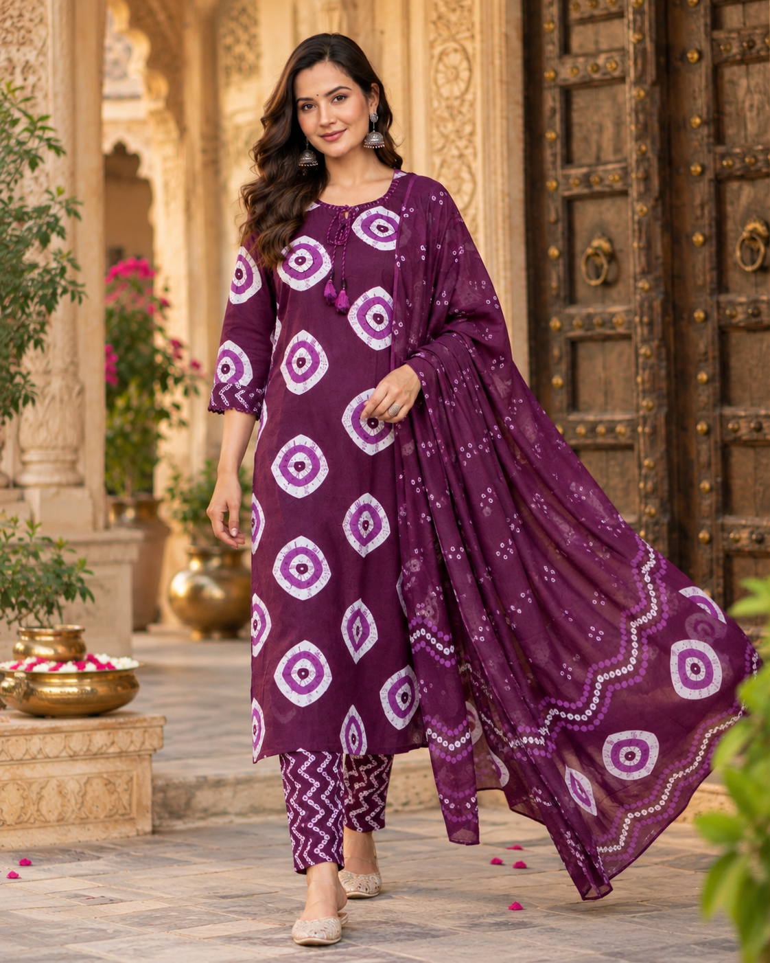 Wine Berry Printed Handwork Suit Set with Dupatta