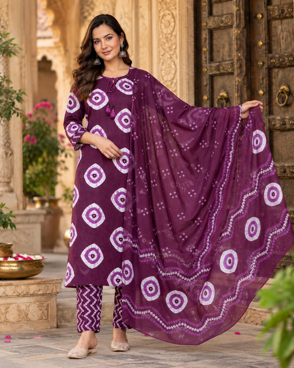 Wine Berry Printed Handwork Suit Set with Dupatta
