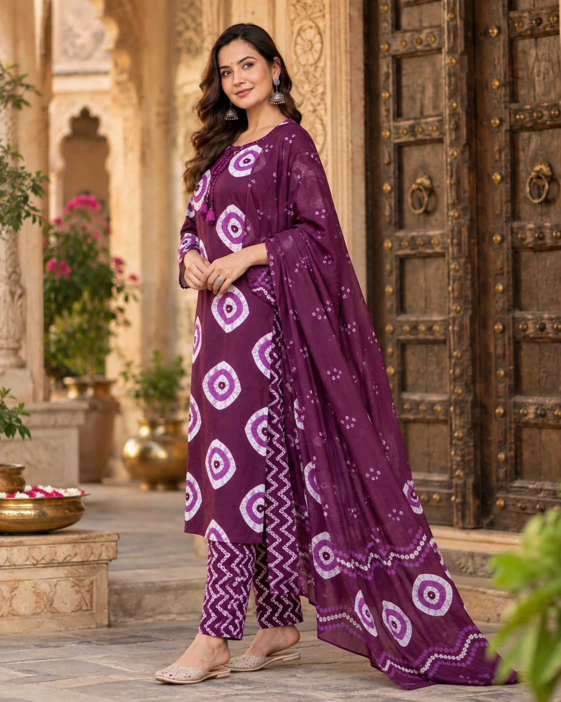Wine Berry Printed Handwork Suit Set with Dupatta