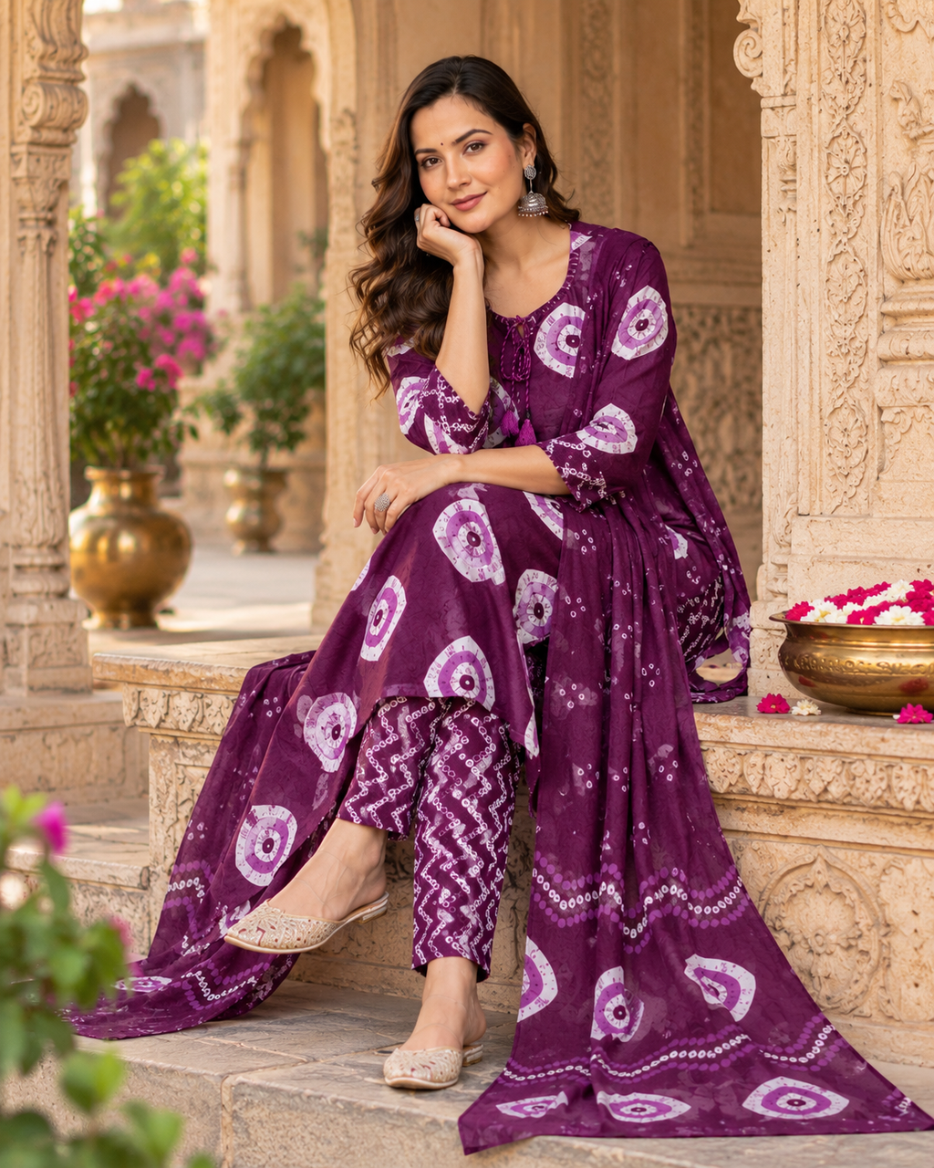 Wine Berry Printed Handwork Suit Set with Dupatta