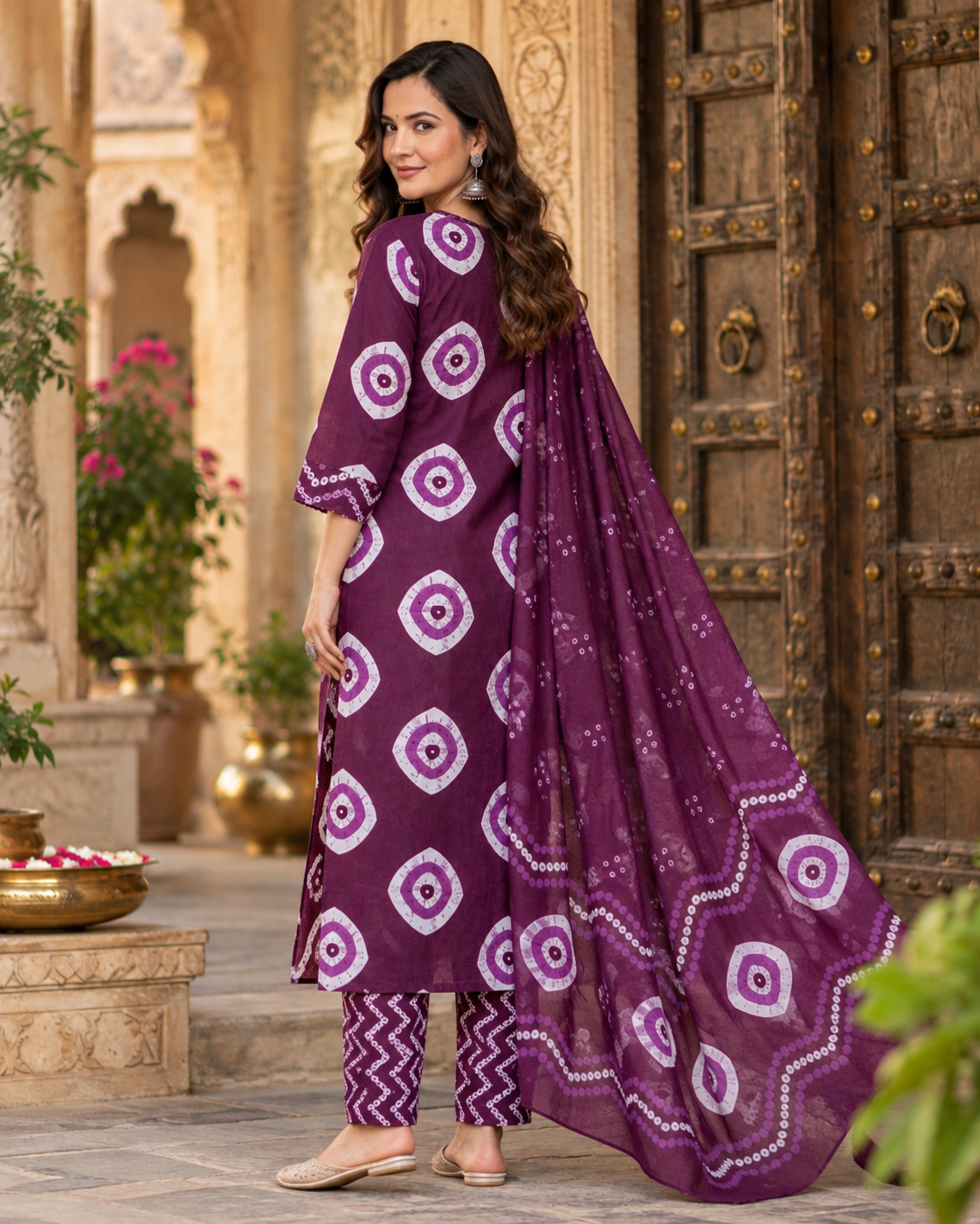 Wine Berry Printed Handwork Suit Set with Dupatta