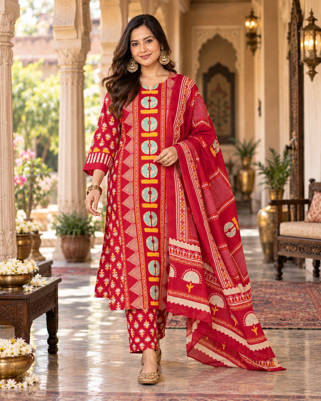 Red Printed Handwork Cotton Suit Set with Dupatta