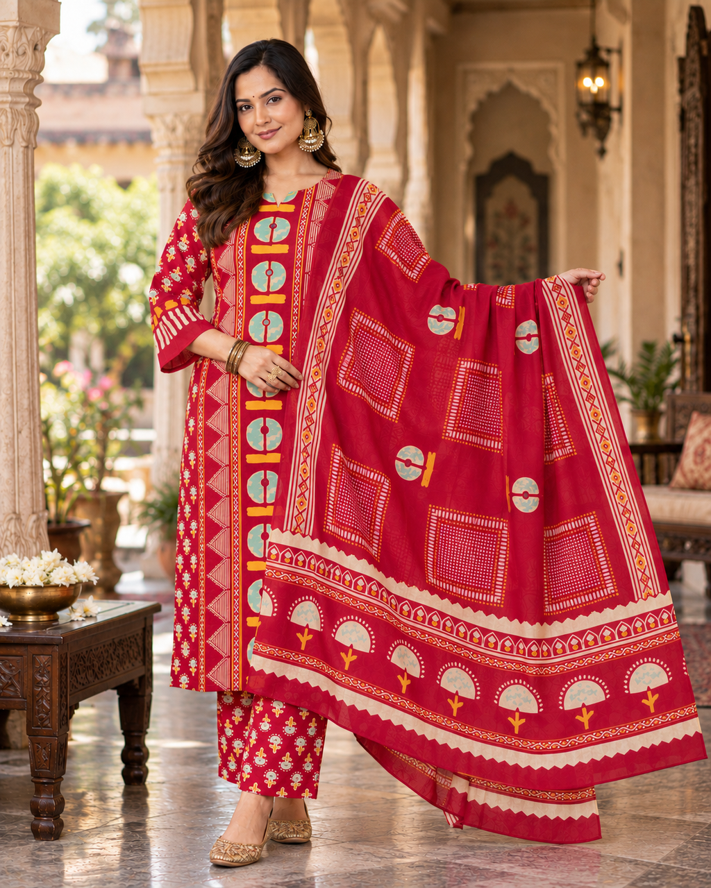 Red Printed Handwork Cotton Suit Set with Dupatta