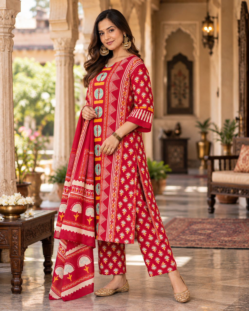 Red Printed Handwork Cotton Suit Set with Dupatta