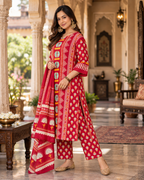 Red Printed Handwork Cotton Suit Set with Dupatta