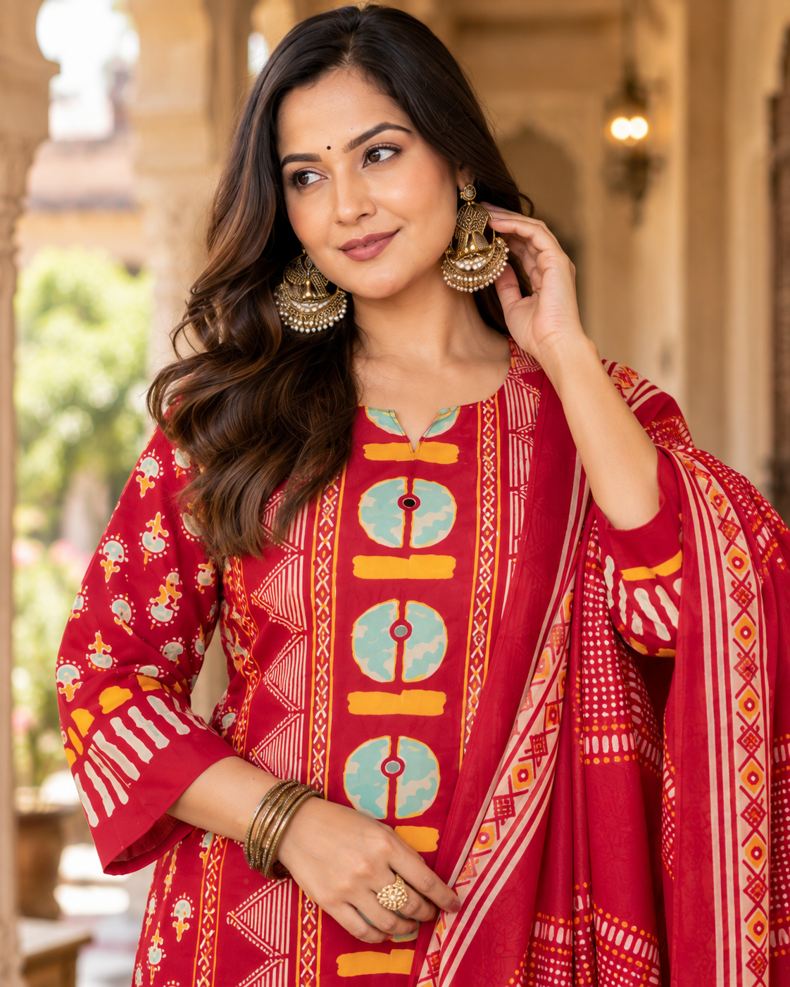 Red Printed Handwork Cotton Suit Set with Dupatta