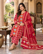 Red Printed Handwork Cotton Suit Set with Dupatta