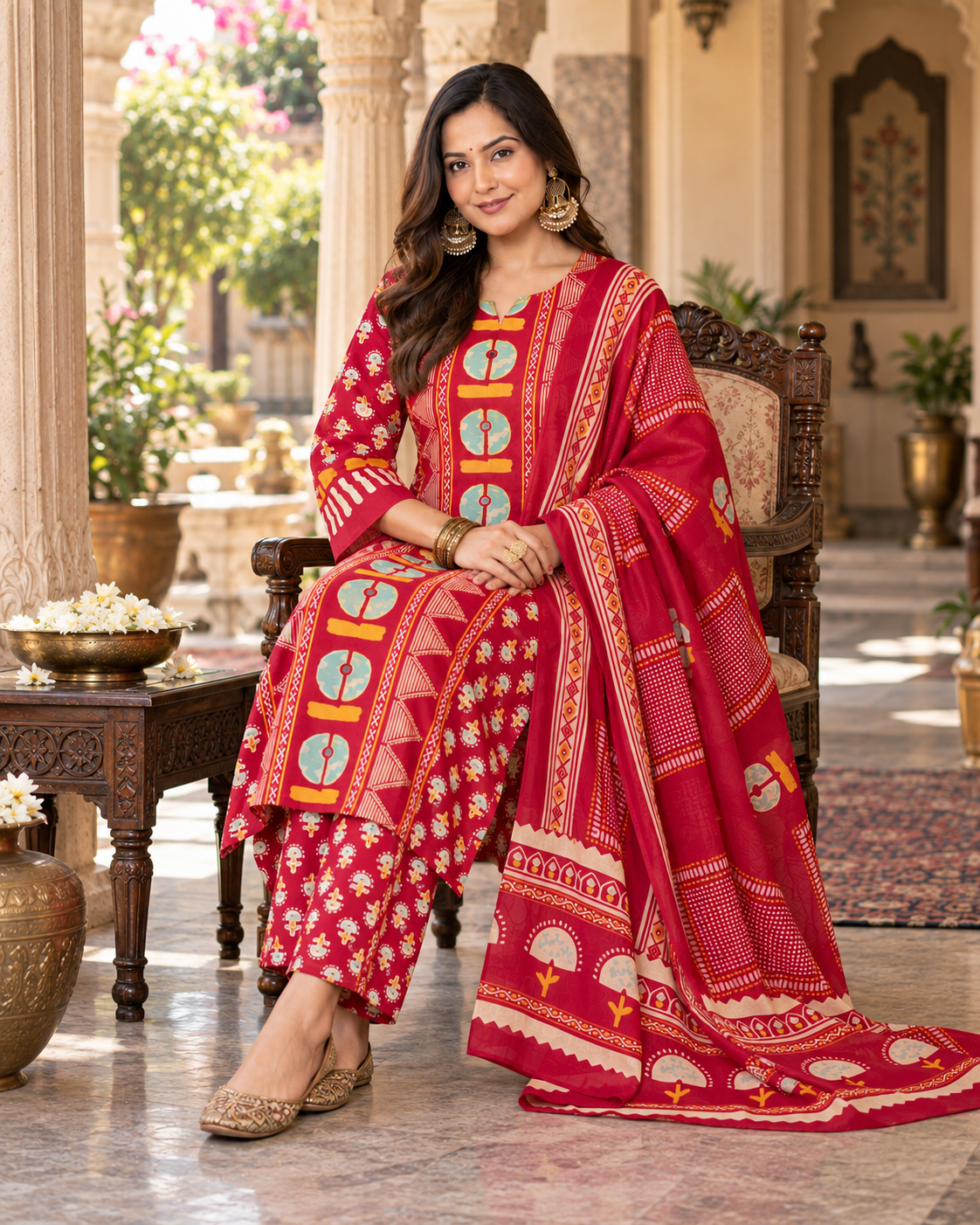 Red Printed Handwork Cotton Suit Set with Dupatta