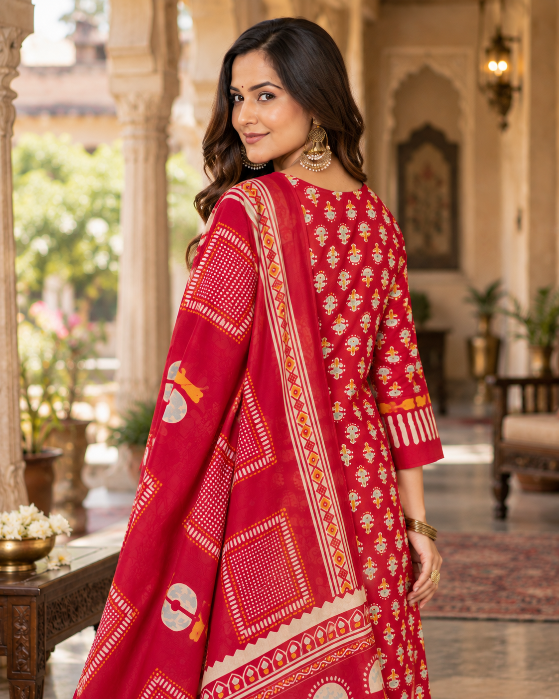 Red Printed Handwork Cotton Suit Set with Dupatta