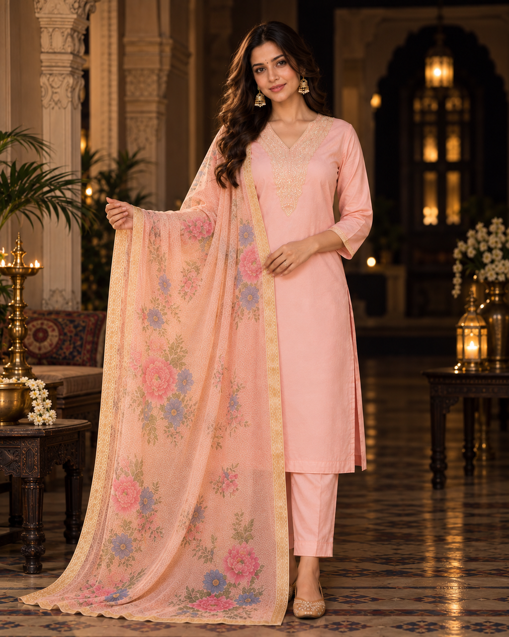 Peach Embroidered Roman Silk Embroidered Kurta and Pant Set with Dupatta