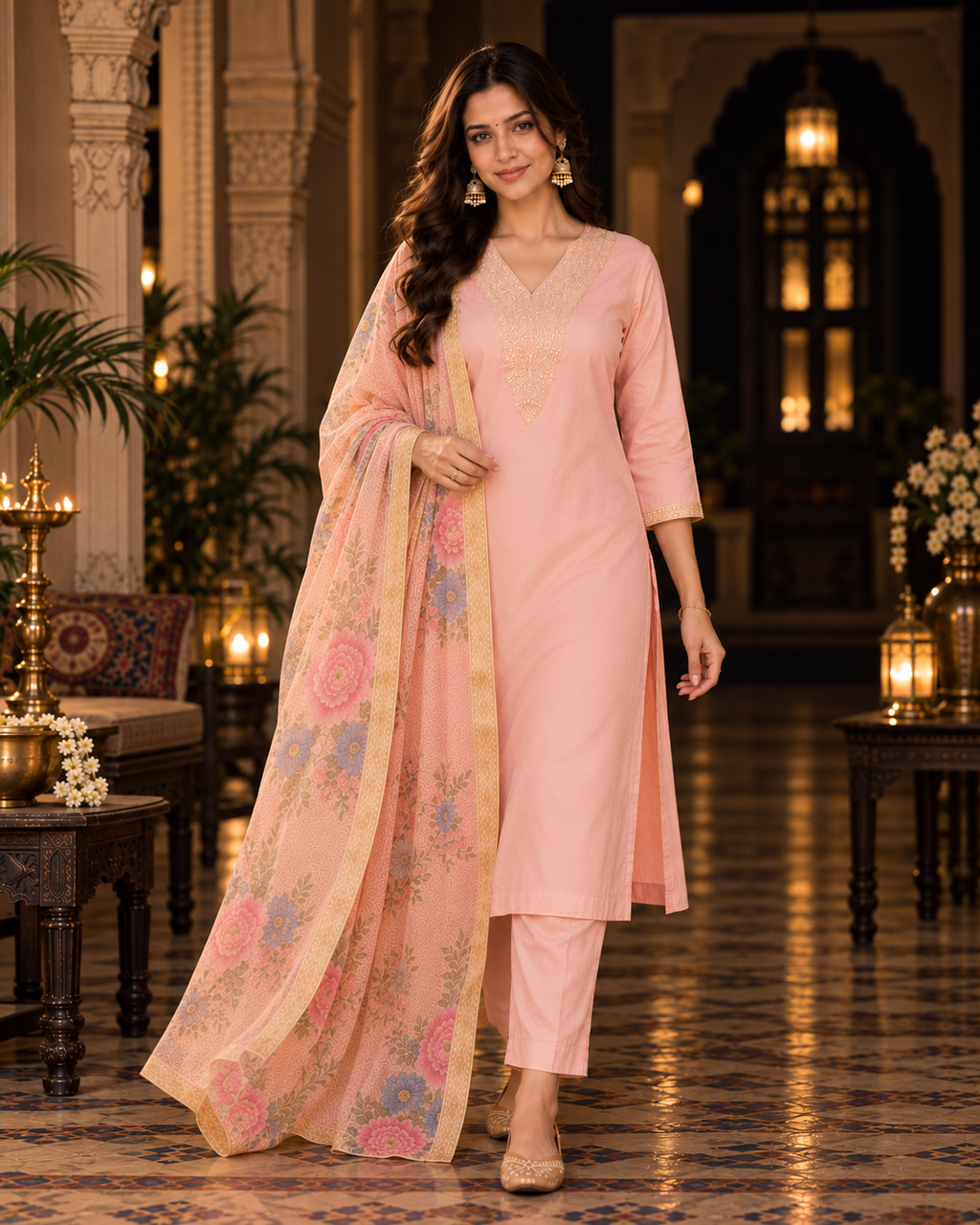 Peach Embroidered Roman Silk Embroidered Kurta and Pant Set with Dupatta